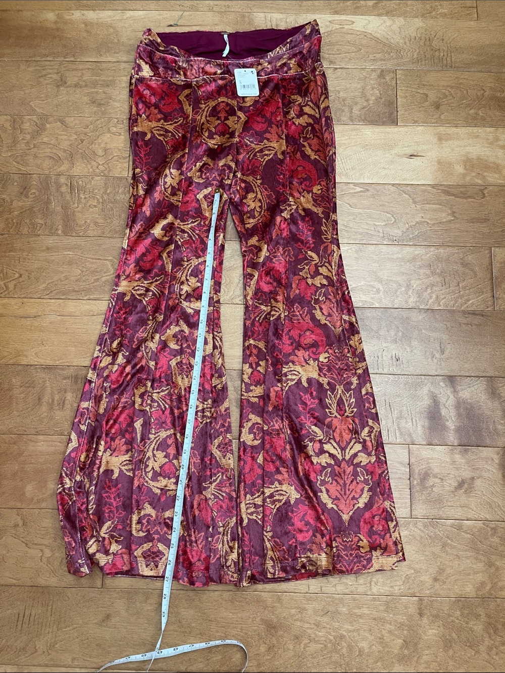 NWT Free People Boho Floral Velvet Flare Pants in Burgundy and Gold